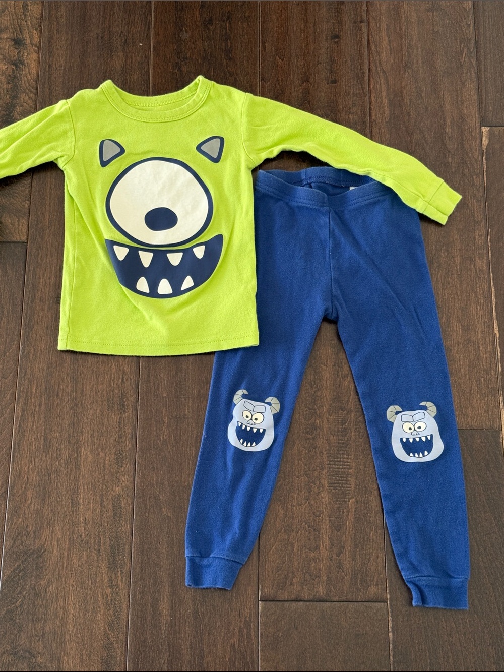 GAP Disney Monsters Inc Lime Green Monster Pajama Set with Navy Pants